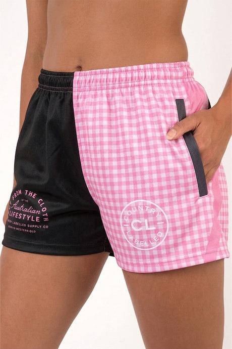Footy Shorts - Black and Pink Gingham