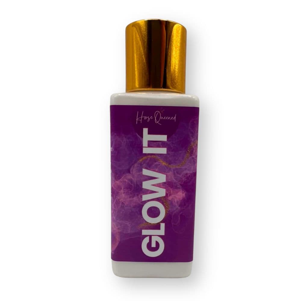 Bottle labeled 'GLOW IT' with a gold cap on a white background