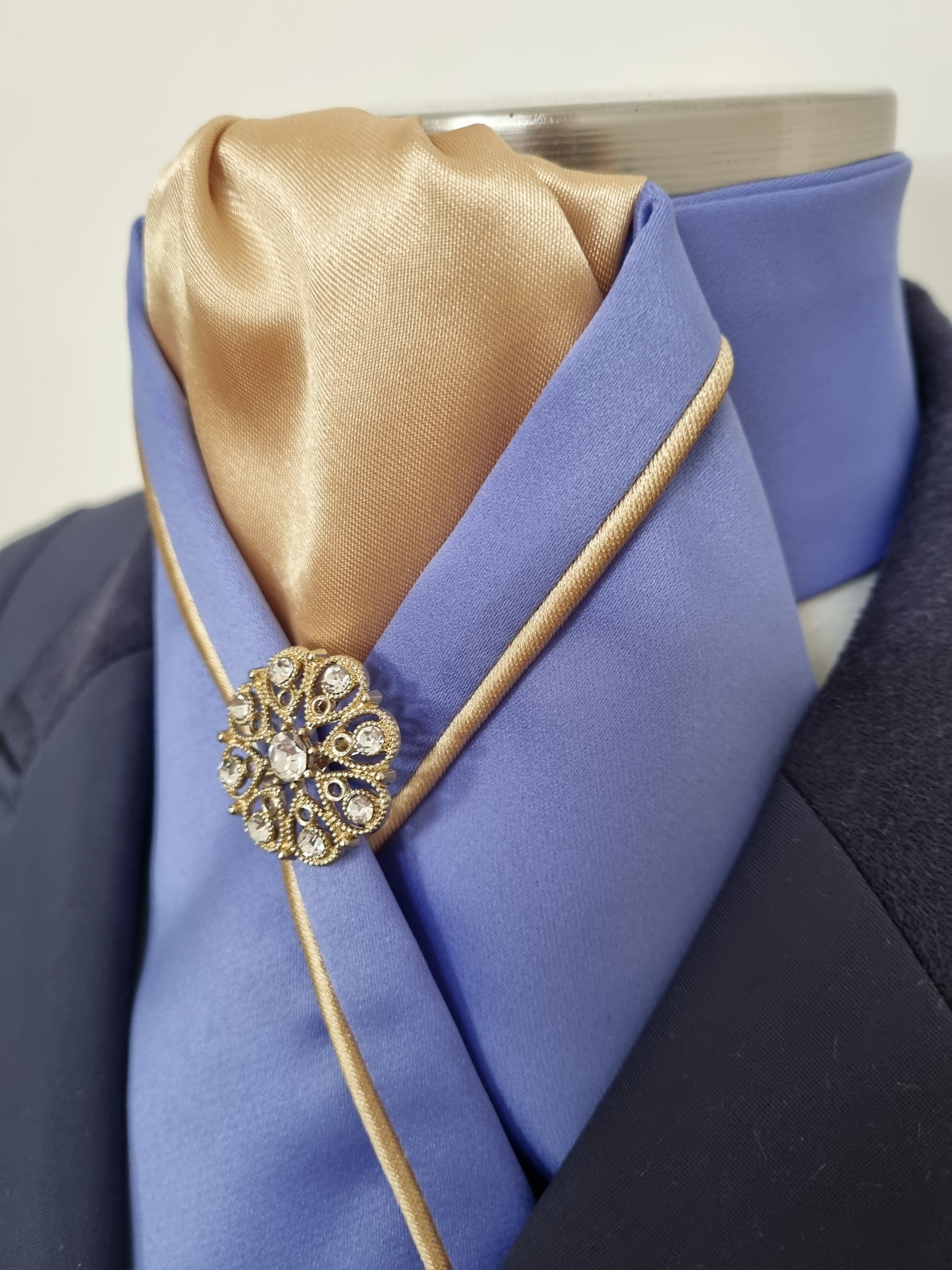 ERA KATE  STOCK TIE - CLEARANCE- Cornflower blue satin with gold piping & brooch