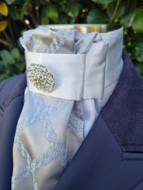 ERA Euro Lyndal Stock Tie - White satin and silver embroidered satin with brooch