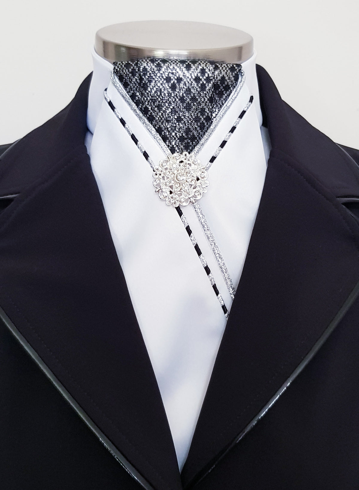 ERA MARLO STOCK TIE - White satin, pleated black/silver brocade, silver & black/silver piping
