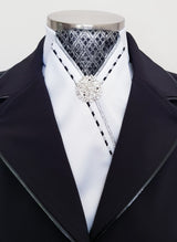 ERA MARLO STOCK TIE - White satin, pleated black/silver brocade, silver & black/silver piping