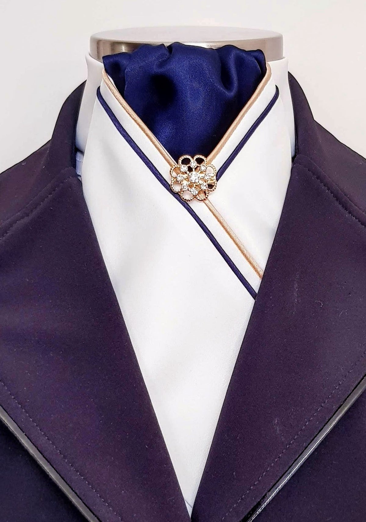 ERA MARLO STOCK TIE - Cream satin, navy, gold & navy piping and brooch
