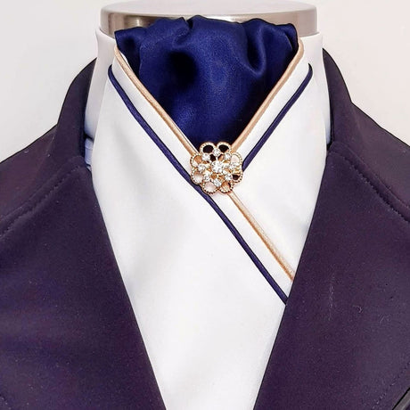 ERA MARLO STOCK TIE - CLEARANCE - Cream satin, navy, gold & navy piping and brooch