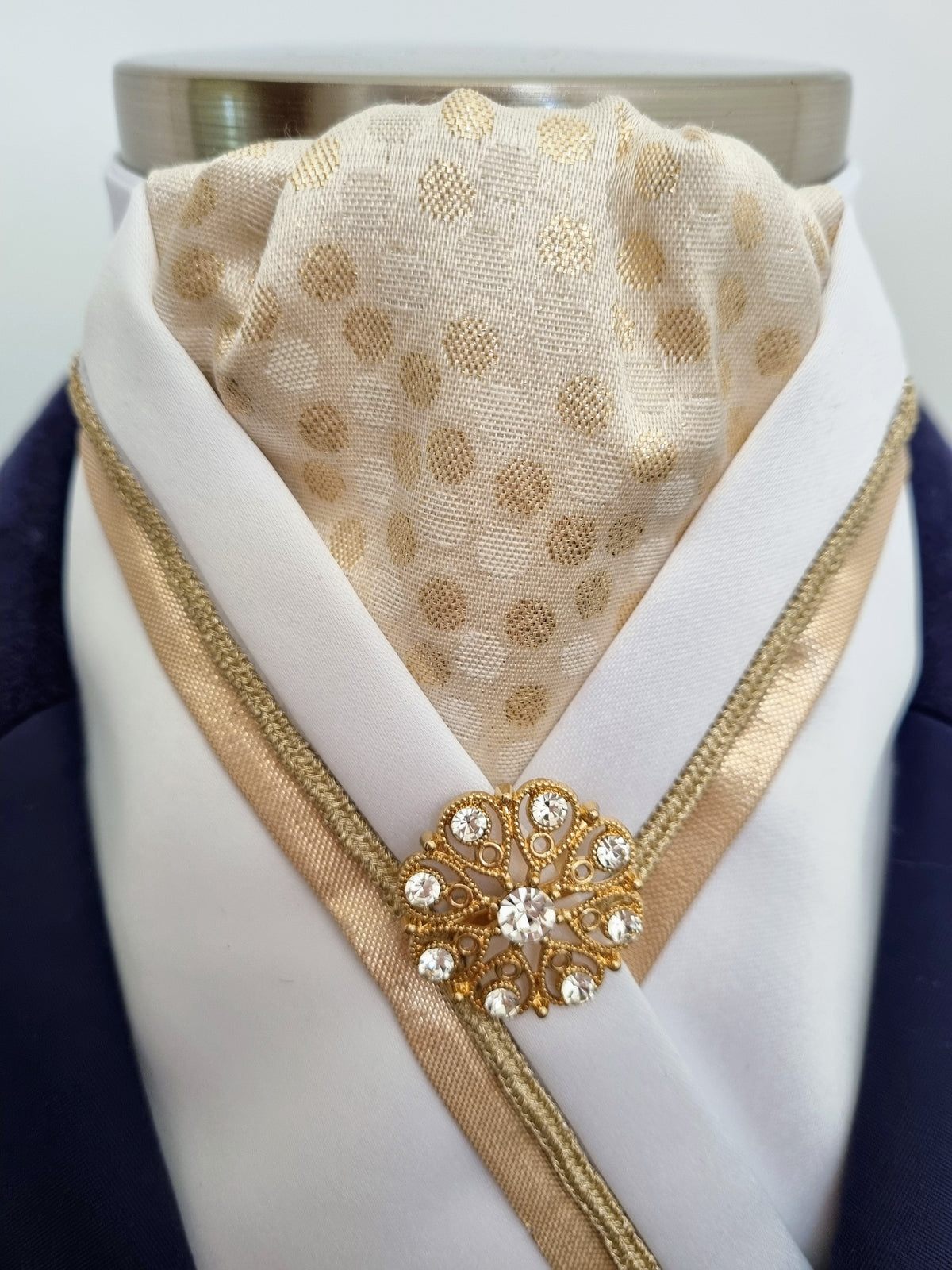 ERA RACHAEL STOCK TIE - White satin with gold metallic spot brocade, trim, piping and brooch