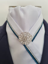 ERA RACHAEL STOCK TIE - White satin with teal and silver piping & brooch