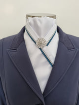 ERA RACHAEL STOCK TIE - White satin with teal and silver piping & brooch