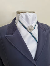 ERA RACHAEL STOCK TIE - White satin with teal and silver piping & brooch