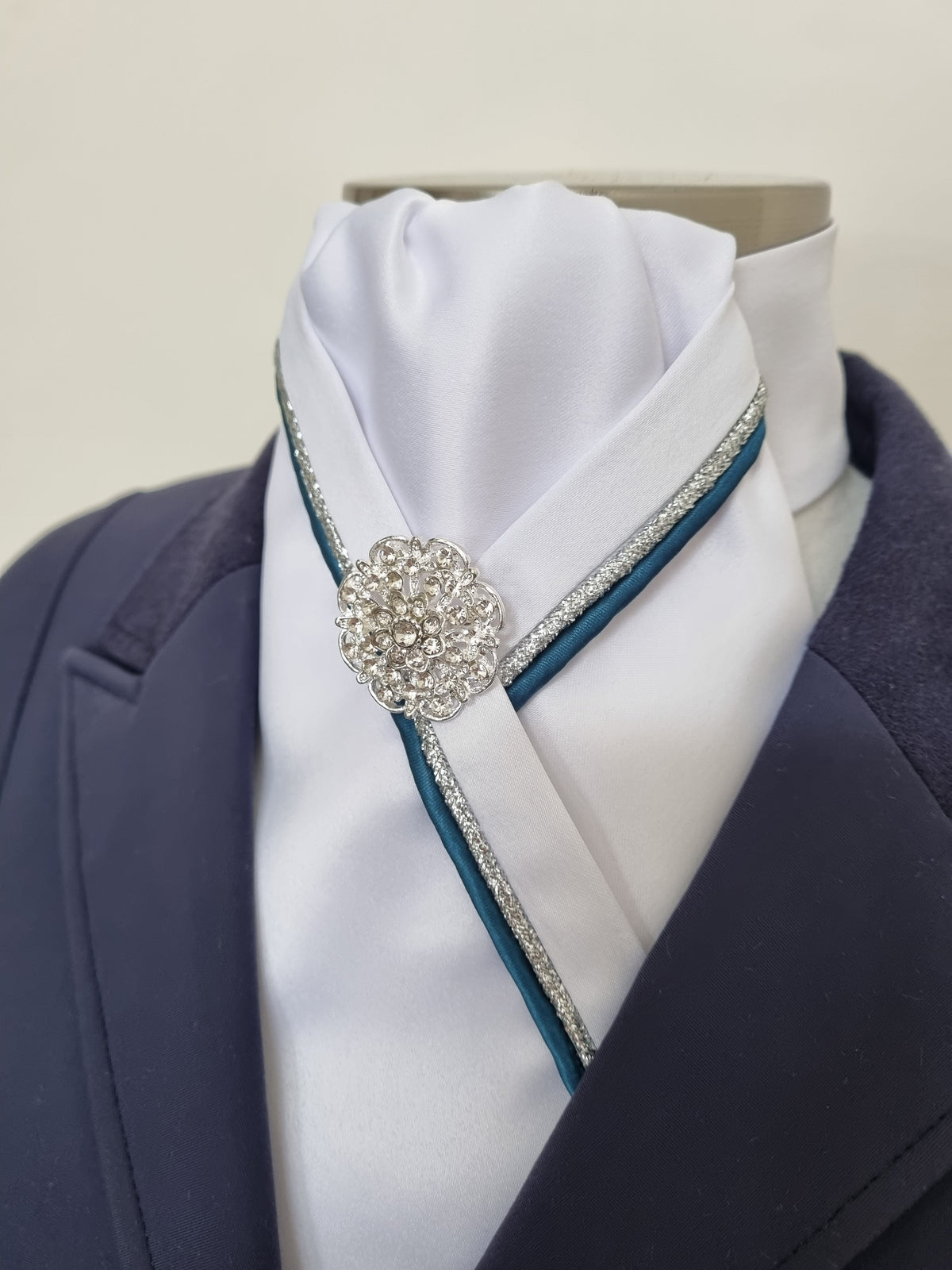 ERA RACHAEL STOCK TIE - White satin with teal and silver piping & brooch