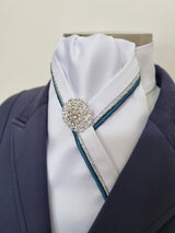 ERA RACHAEL STOCK TIE - White satin with teal and silver piping & brooch