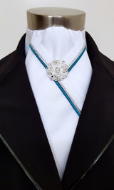 ERA RACHAEL STOCK TIE - White satin with teal and silver piping & brooch