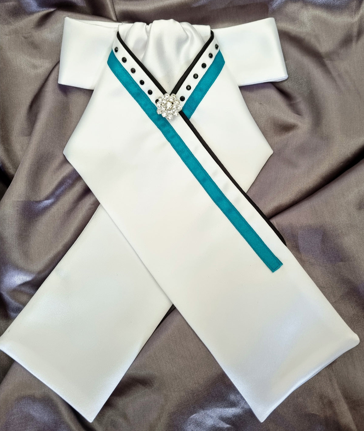 ERA SOPHIE STOCK TIE - White Satin with Black satin piping, turquoise trim, black crystals & silver brooch