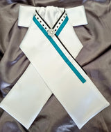 ERA SOPHIE STOCK TIE - White Satin with Black satin piping, turquoise trim, black crystals & silver brooch