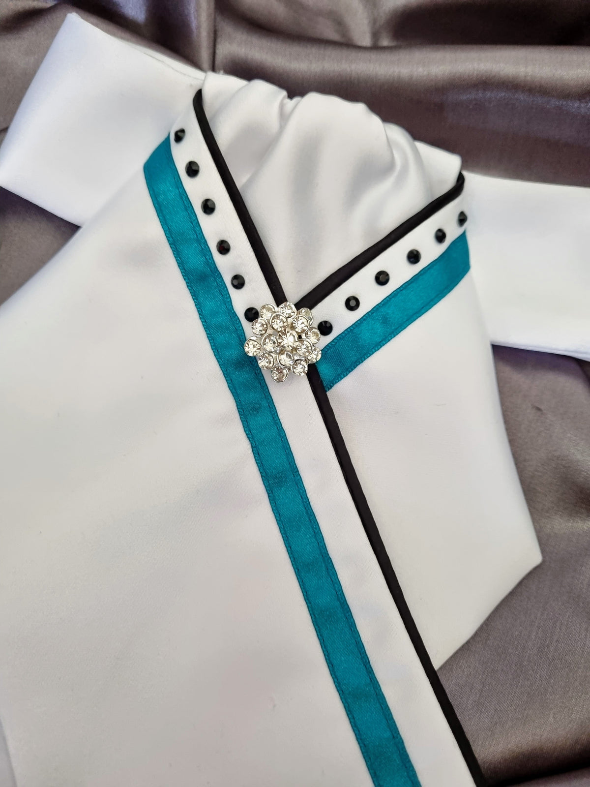 ERA SOPHIE STOCK TIE - White Satin with Black satin piping, turquoise trim, black crystals & silver brooch