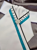 ERA SOPHIE STOCK TIE - White Satin with Black satin piping, turquoise trim, black crystals & silver brooch