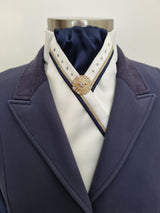 ERA SOPHIE STOCK TIE - Cream and navy satin with navy and gold piping, crystals & brooch