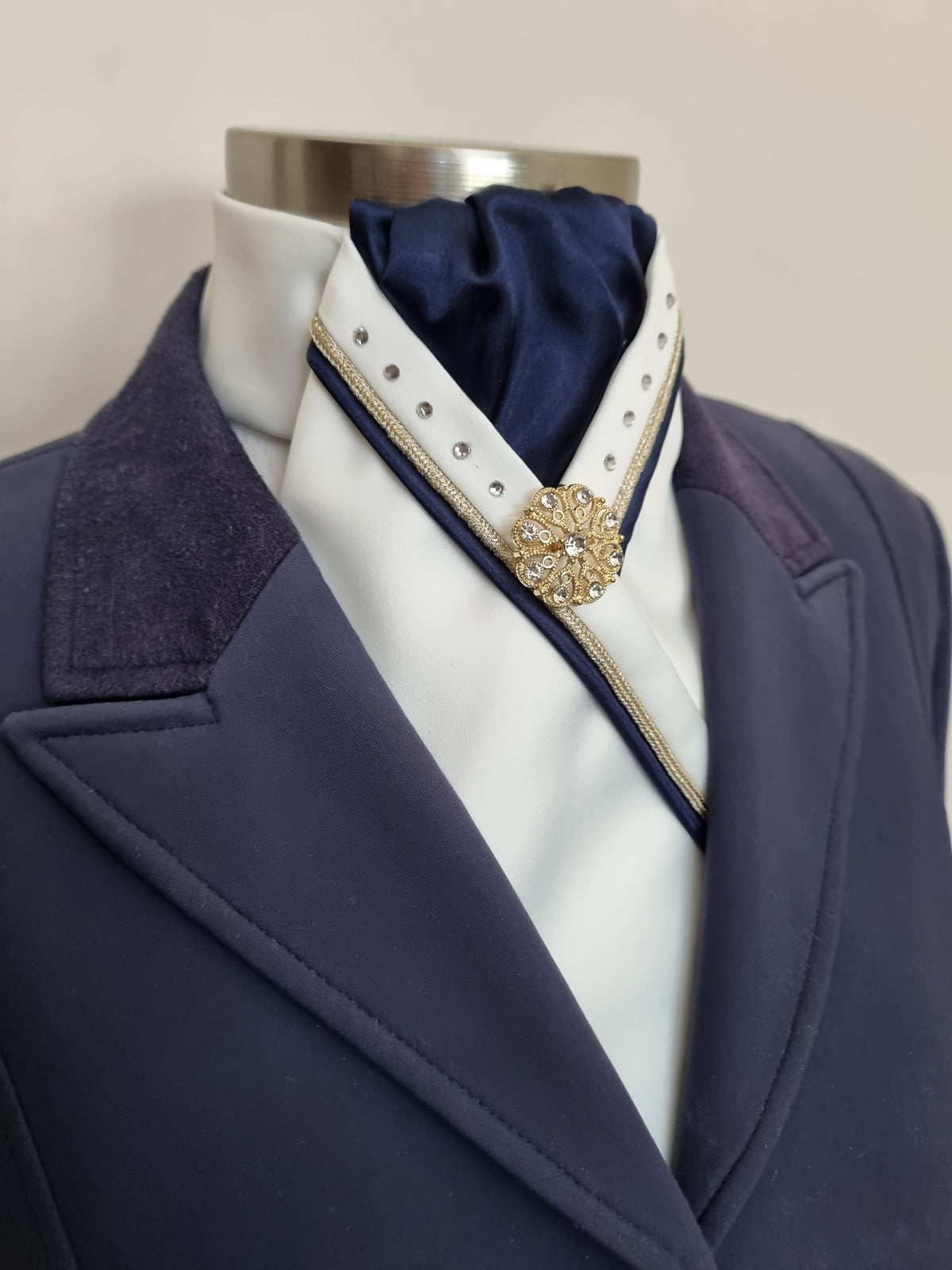 ERA SOPHIE STOCK TIE - Cream and navy satin with navy and gold piping, crystals & brooch