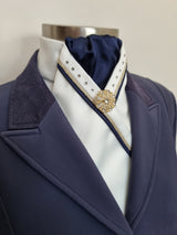 ERA SOPHIE STOCK TIE - Cream and navy satin with navy and gold piping, crystals & brooch