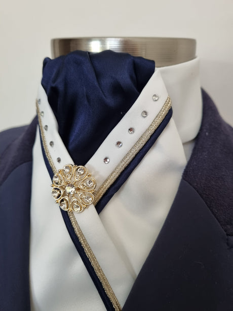 ERA SOPHIE STOCK TIE - Cream and navy satin with navy and gold piping, crystals & brooch
