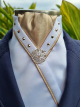 ERA SOPHIE STOCK TIE - White & metallic gold with matching piping, gold crystals & brooch