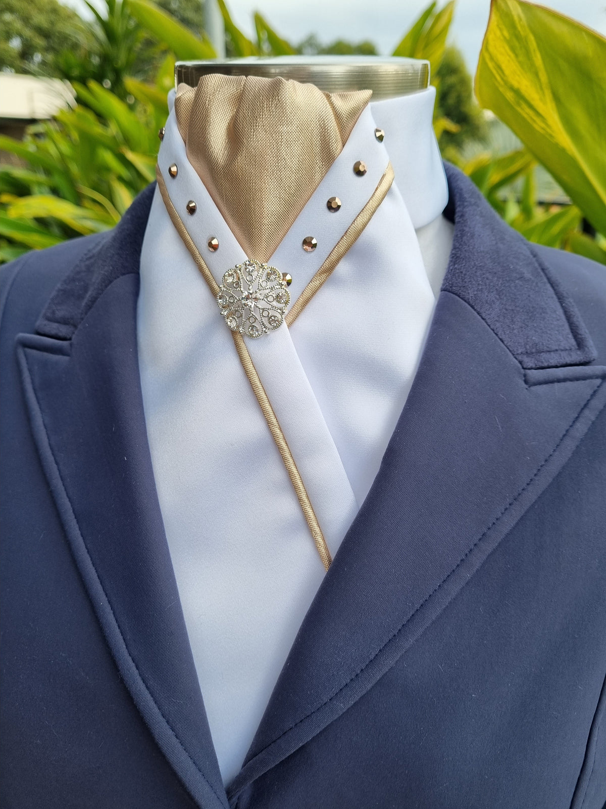 ERA SOPHIE STOCK TIE - White & metallic gold with matching piping, gold crystals & brooch