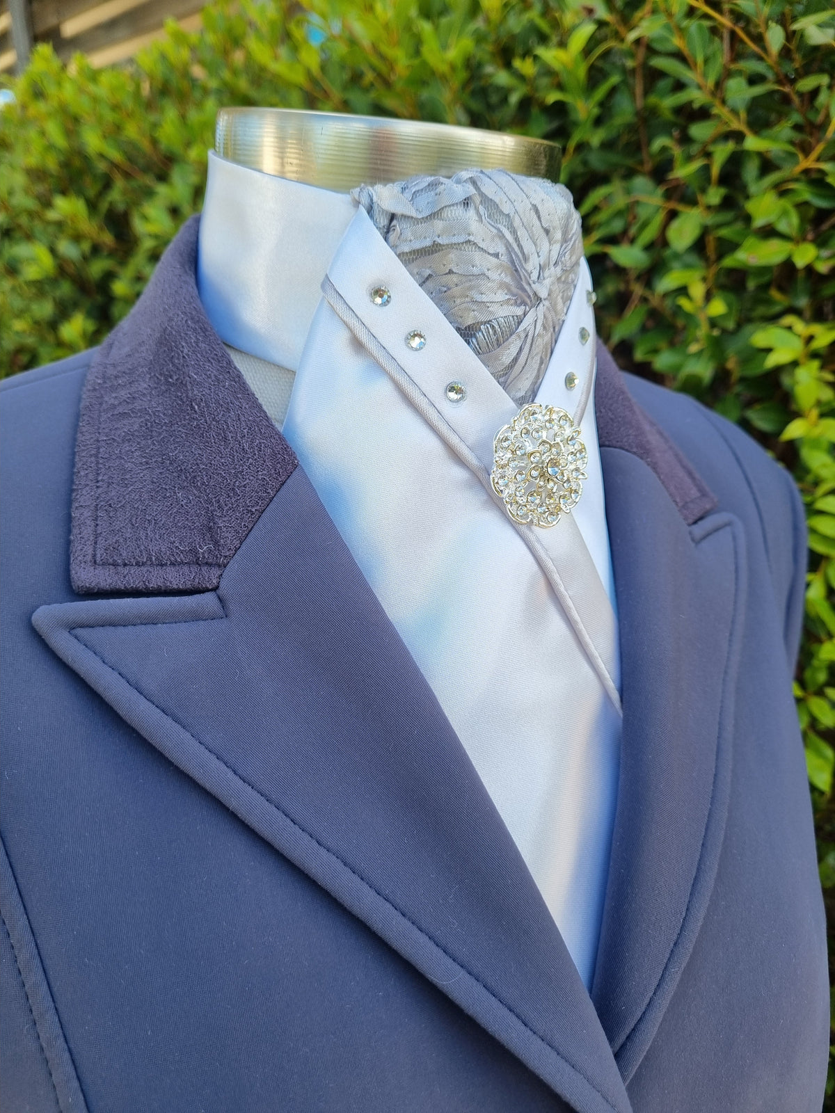 SOPHIE STOCK TIE - White Lustre Satin with silver lace brocade, silver satin piping, crystals & silver brooch