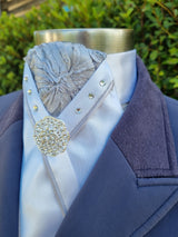 SOPHIE STOCK TIE - White Lustre Satin with silver lace brocade, silver satin piping, crystals & silver brooch