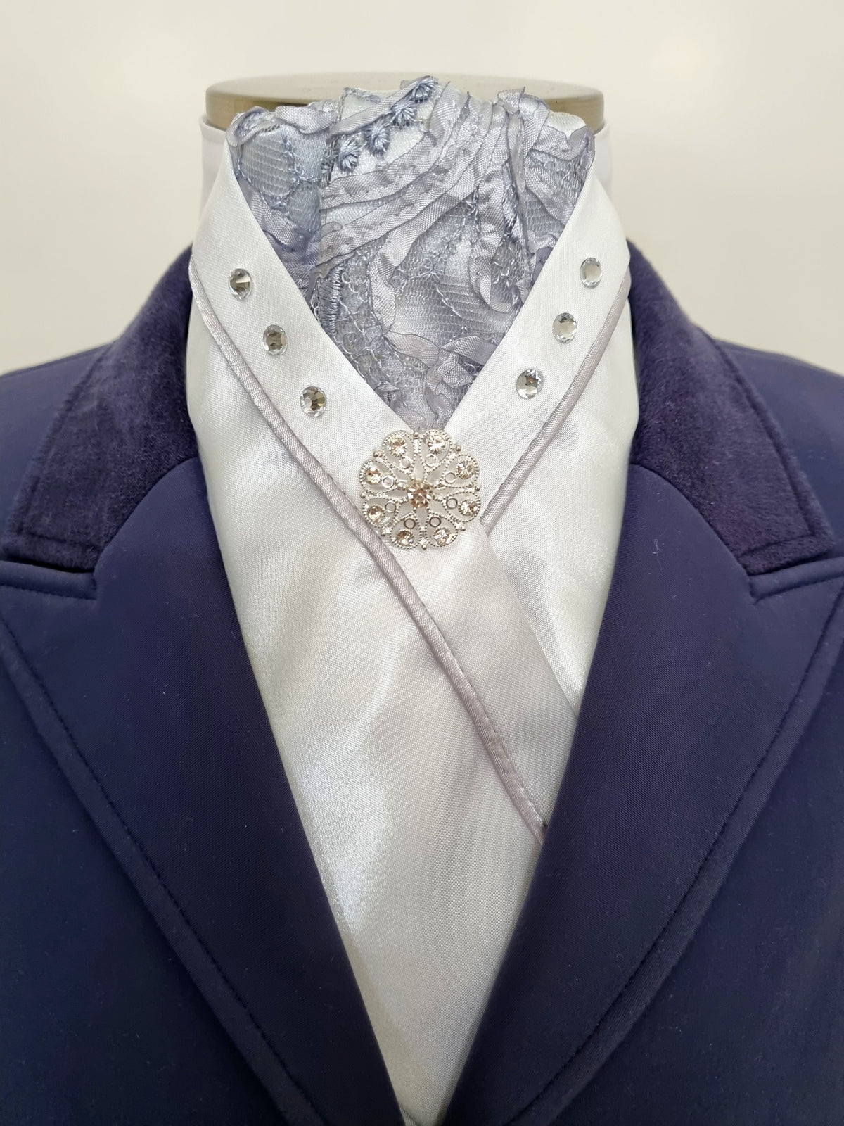 SOPHIE STOCK TIE - White Lustre Satin with silver lace brocade, silver satin piping, crystals & silver brooch