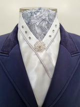 SOPHIE STOCK TIE - White Lustre Satin with silver lace brocade, silver satin piping, crystals & silver brooch