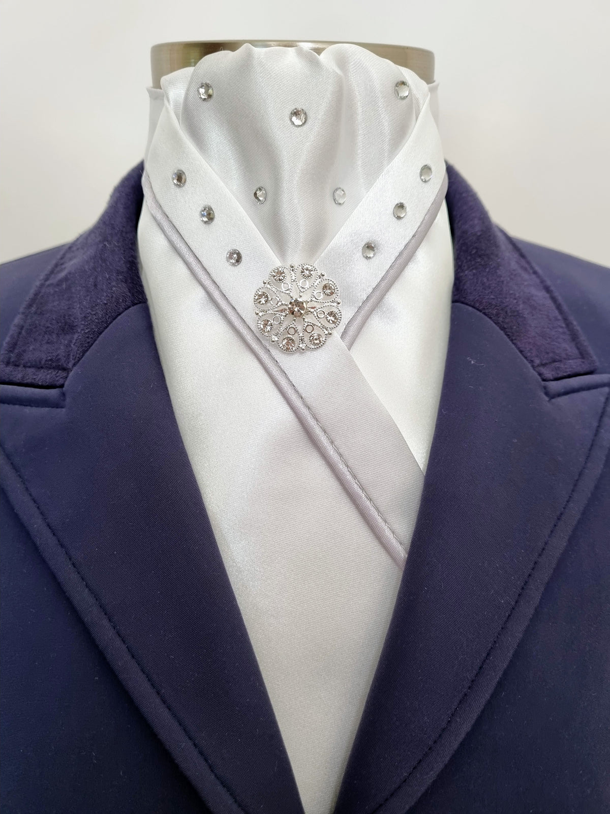 ERA SOPHIE STOCK TIE - White Lustre Satin with silver satin piping, Swarovski crystals & silver brooch