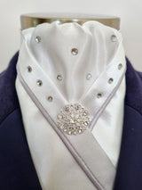 ERA SOPHIE STOCK TIE - White Lustre Satin with silver satin piping, Swarovski crystals & silver brooch