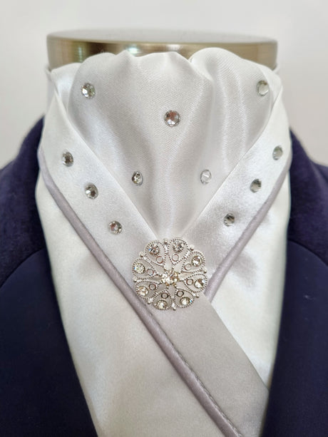 ERA SOPHIE STOCK TIE - White Lustre Satin with silver satin piping, Swarovski crystals & silver brooch