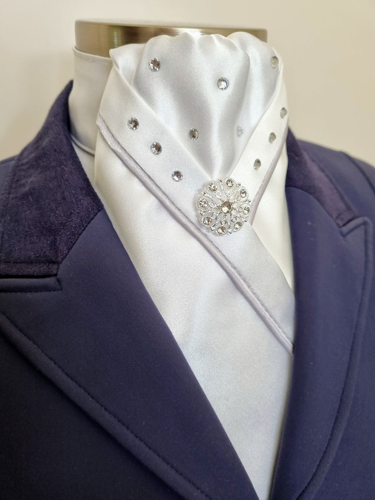 ERA SOPHIE STOCK TIE - White Lustre Satin with silver satin piping, Swarovski crystals & silver brooch