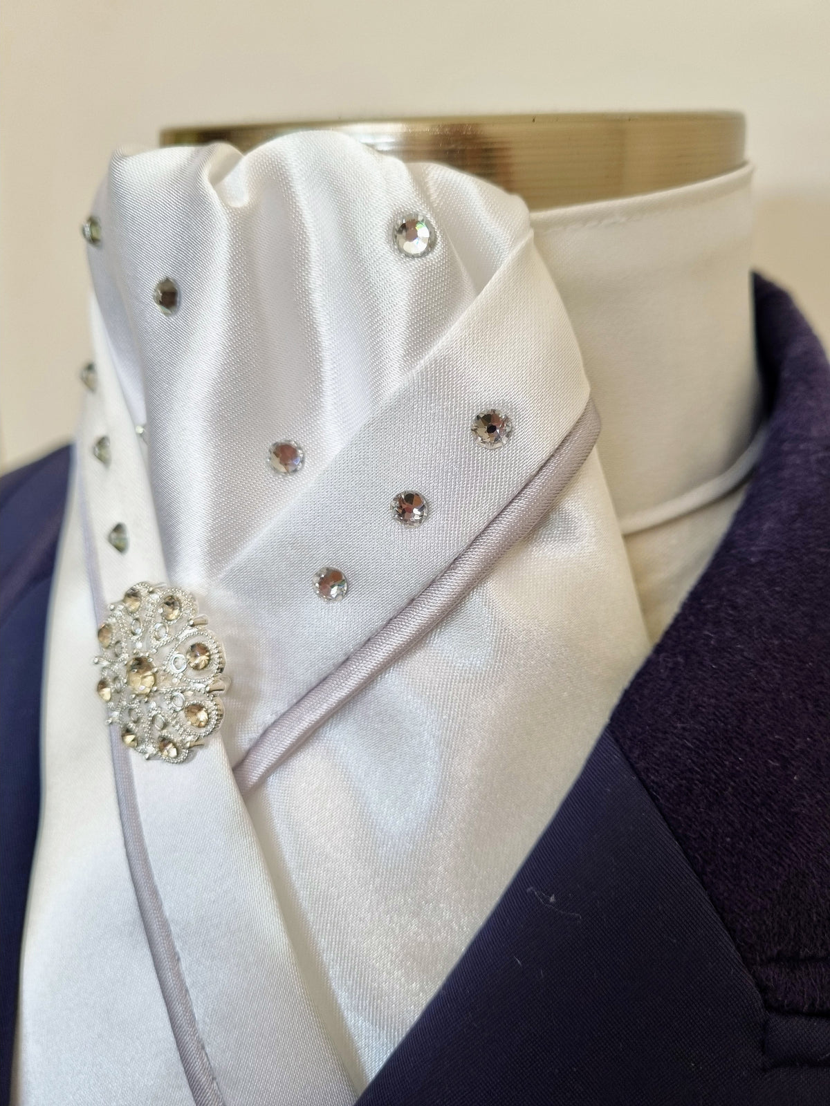 ERA SOPHIE STOCK TIE - White Lustre Satin with silver satin piping, Swarovski crystals & silver brooch