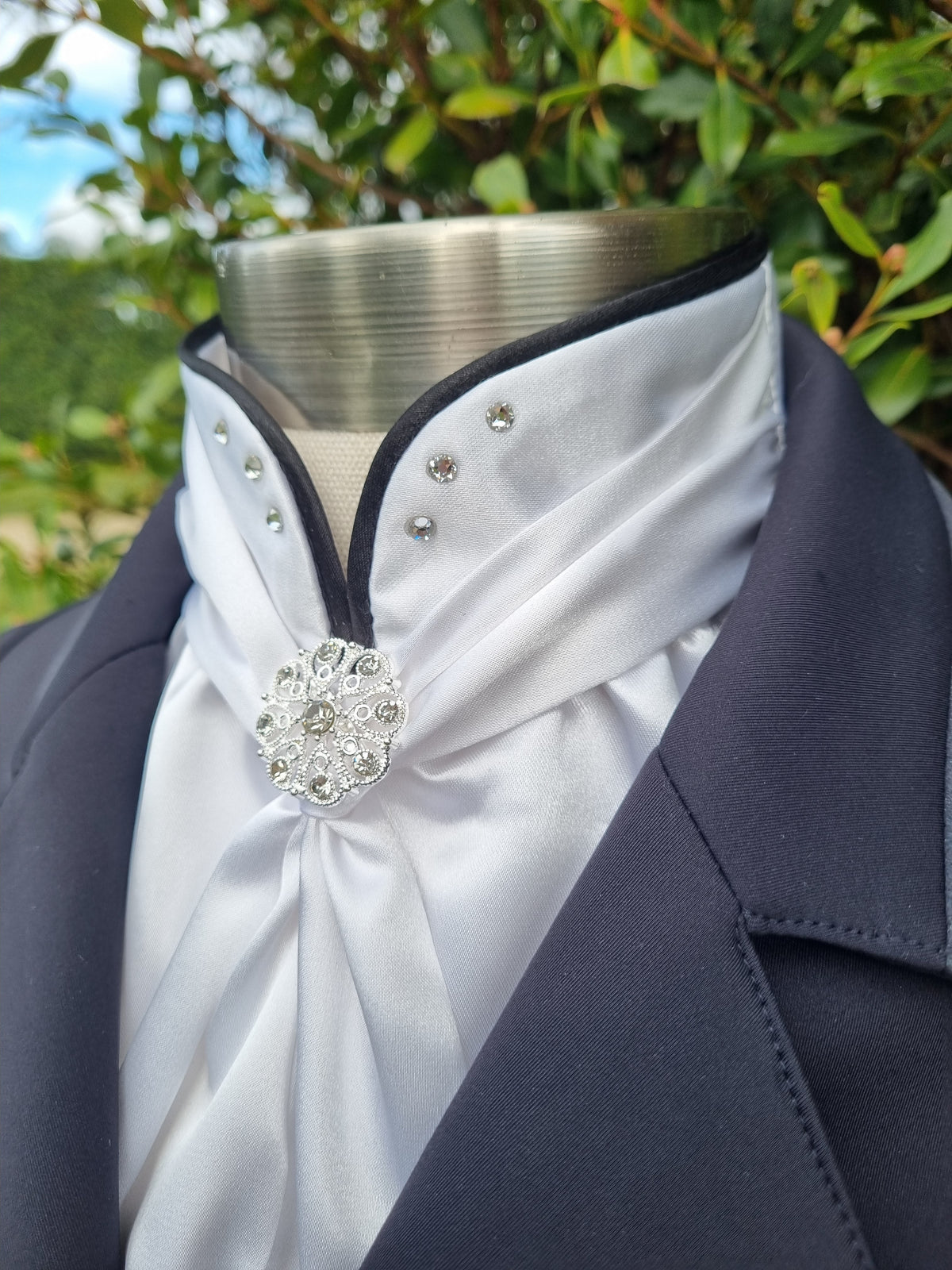 ERA Euro Elle Split Collar Stock Tie - Soft Ties with black piping, Swarovski elements and Brooch
