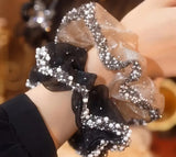 Hair Scrunchie - Black or white Chiffon with pearl & crystal trim - Free postage in Australia