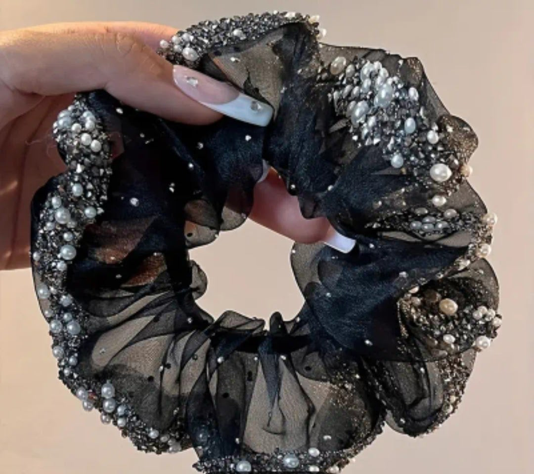 Hair Scrunchie - Black or white Chiffon with pearl & crystal trim - Free postage in Australia