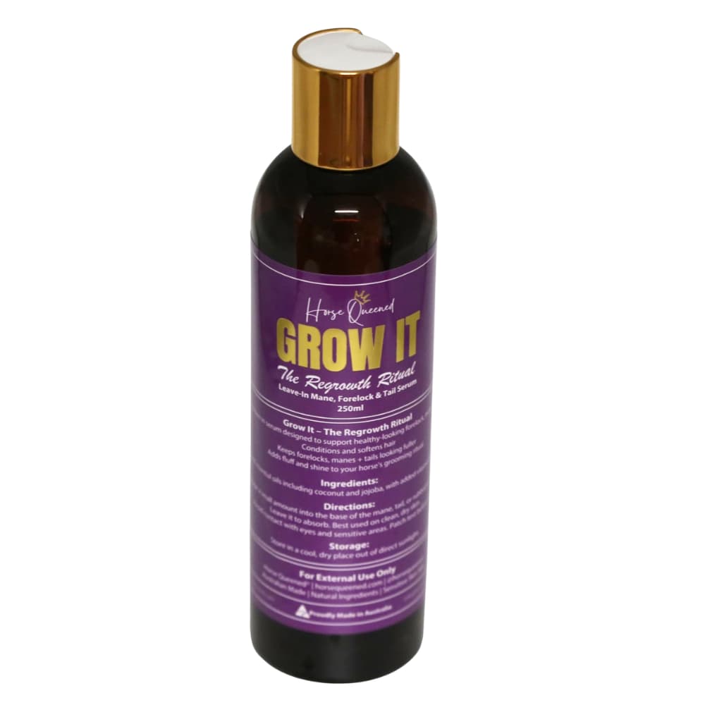 A bottle of Horse Groomed Grow It The Regrowth Blend horse shampoo, featuring a dark amber bottle, a metallic gold cap, and a purple label with gold and white text.