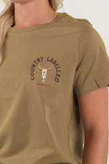 Women's Classic Signature CL T Shirt  - Camel - Western Skull Logo