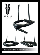 ANATOMICAL RAISED SILVER PIPE CONVERTER CRANK - BLACK SNAFFLE/DOUBLE NOSEBAND - Flexible Fit Equestrian Australia