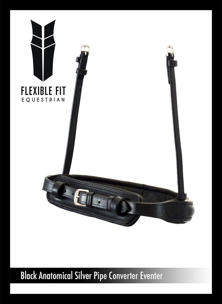 ANATOMICAL RAISED SILVER PIPE EVENTER CONVERTER - BLACK SNAFFLE/DOUBLE NOSEBAND - Flexible Fit Equestrian Australia