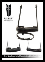 EXTRA WIDE STRAIGHT RAISED PATENT CONVERTER CRANK - BLACK SNAFFLE/DOUBLE NOSEBAND - Flexible Fit Equestrian Australia