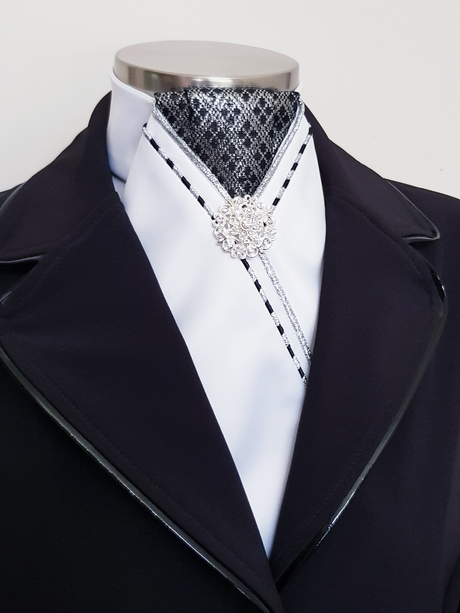 ERA MARLO STOCK TIE - White satin, pleated black/silver brocade, silver & black/silver piping