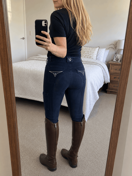 Peter Williams Jodie denim riding breeches in navy, featuring a phone pocket and stretch fit