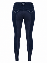 Ladies navy denim breeches with suede seat and phone pocket, designed for everyday riding