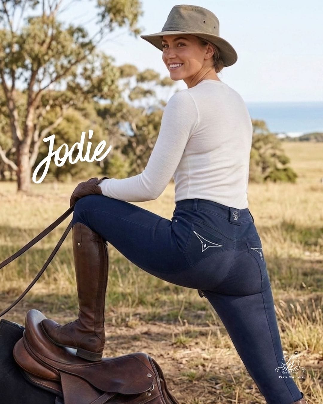 Jodie navy ladies denim riding breeches with a full suede seat for secure grip in the saddle