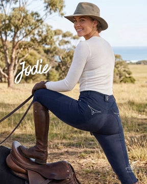 Jodie navy ladies denim riding breeches with a full suede seat for secure grip in the saddle