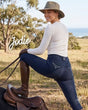 Jodie navy ladies denim riding breeches with a full suede seat for secure grip in the saddle