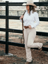 Peter Williams Clermont stock horse pants, cream denim, competition-ready fit