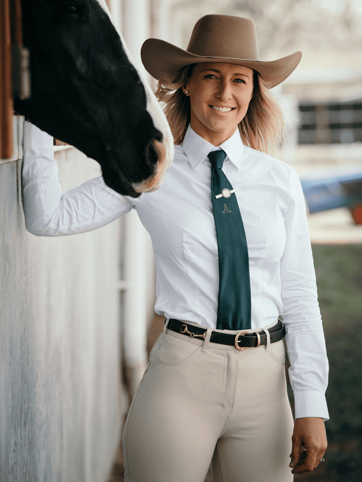Ladies stock horse competition pants in wheat denim, durable stretch fit